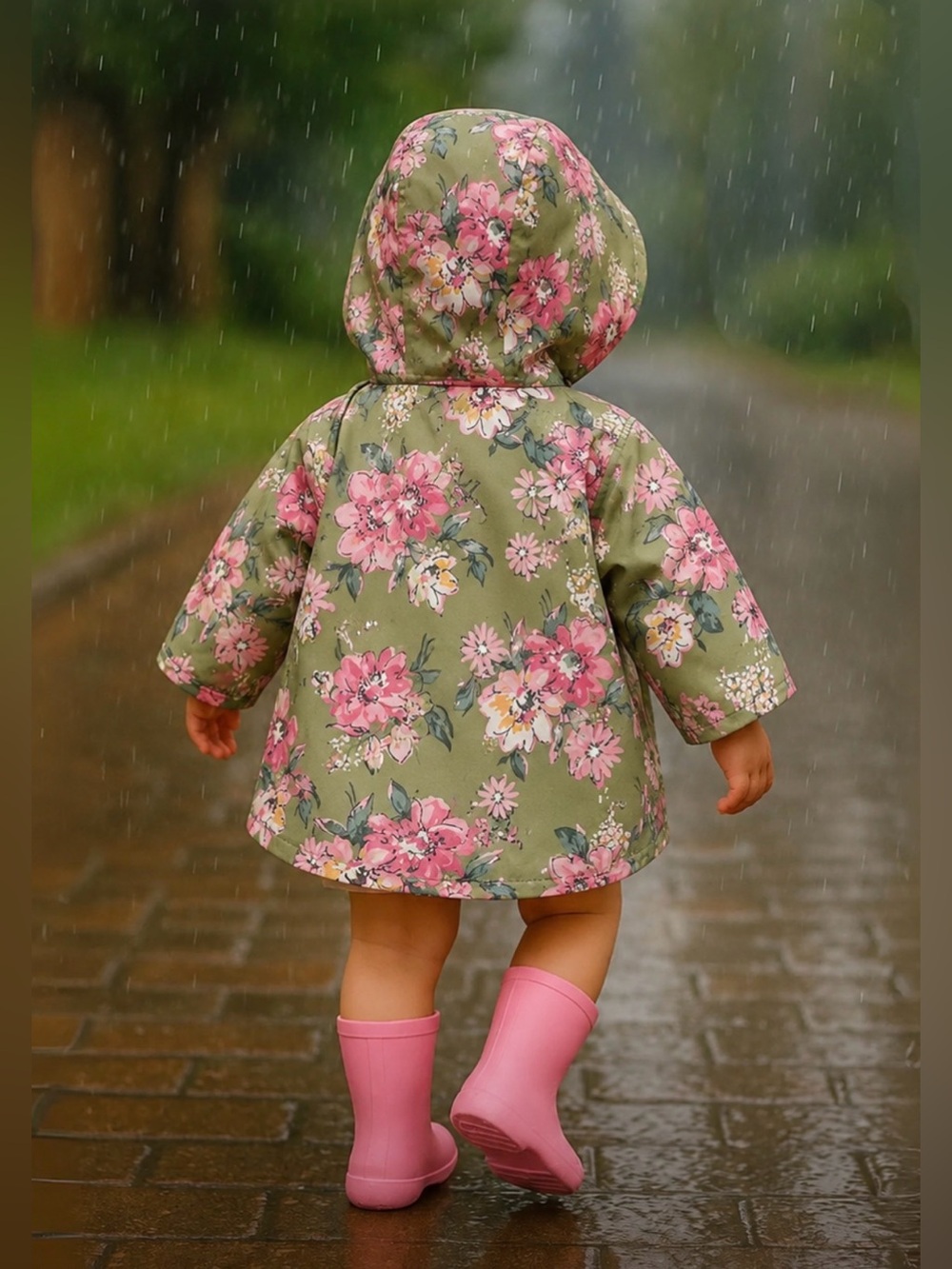 Little Me Floral Hooded Raincoat Jacket Moss Green Pink Floral Size 12 Mo.